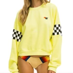 Aviator Nation Crewneck with Checkered Sleeves